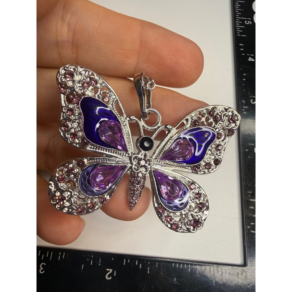 Purple Enamel Butterfly Pendant Necklace Silver Tone Rhinestone Filigree 18 In